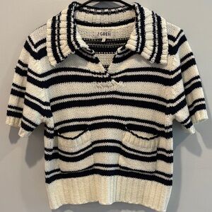 Women's Striped V-Neck Sweater - Navy and Cream